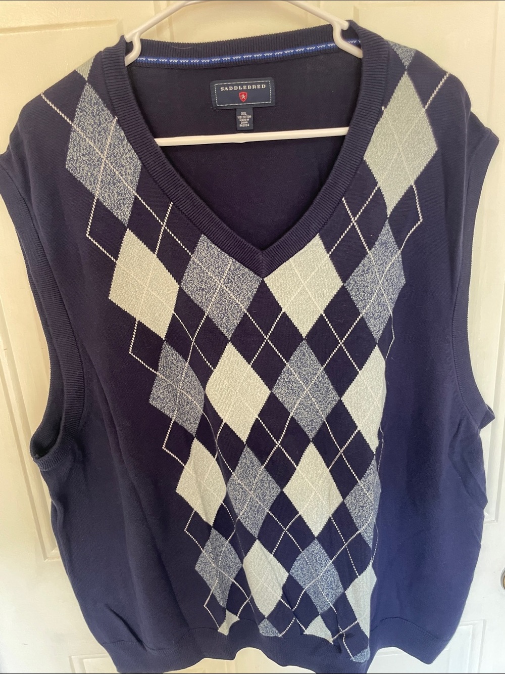 Saddlebred Navy Argyle V-Neck Sweater Vest with Light Blue and White Diamonds